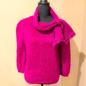 Jane Irwill Vintage 1950s Knit Mohair Hot Pink Bow Collar Sweater, size Med